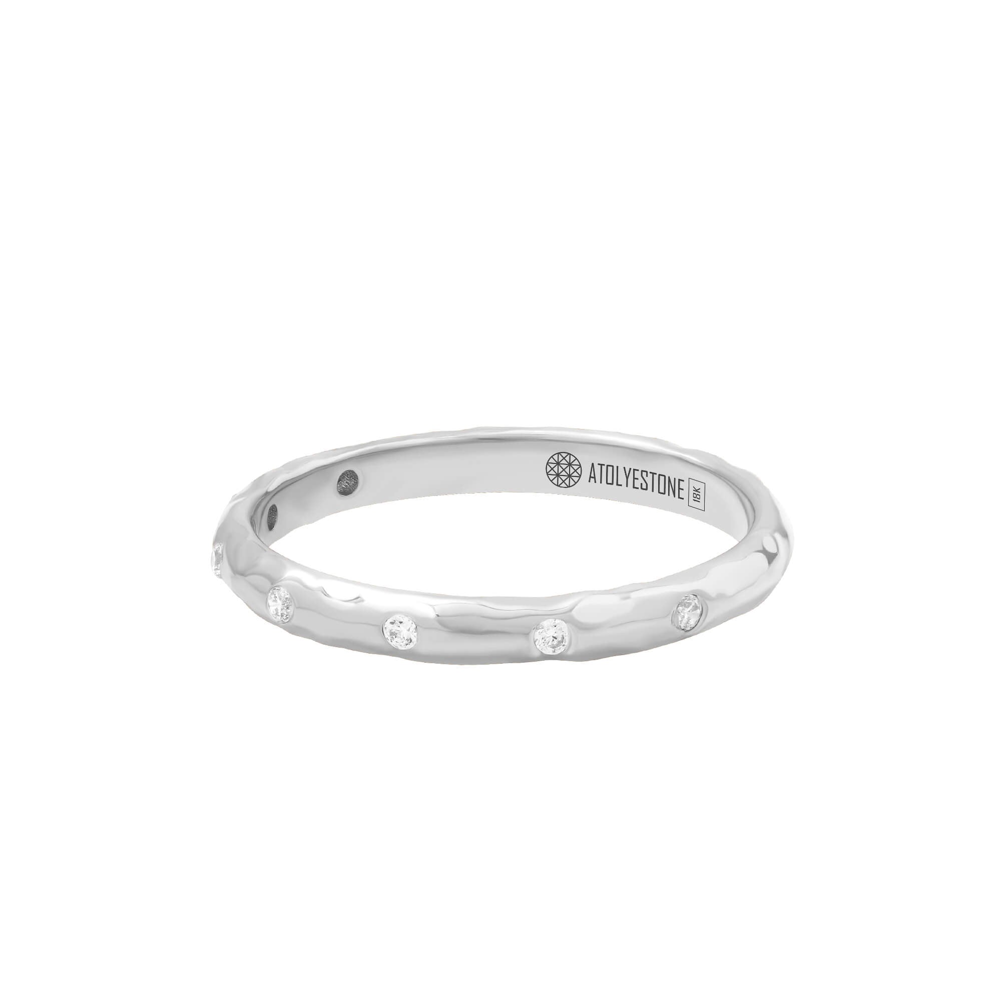 Hammered Diamond Band Ring in Solid White Gold