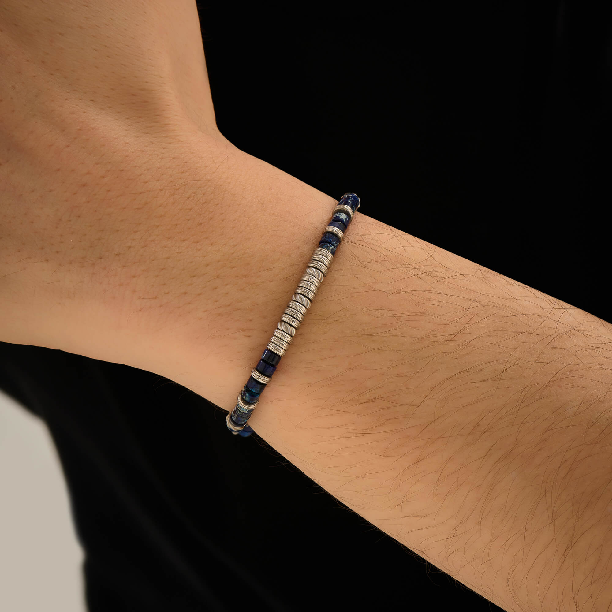 Men's Blue Jasper Heishi Beaded Bracelet with 925 Solid Silver Stoppers
