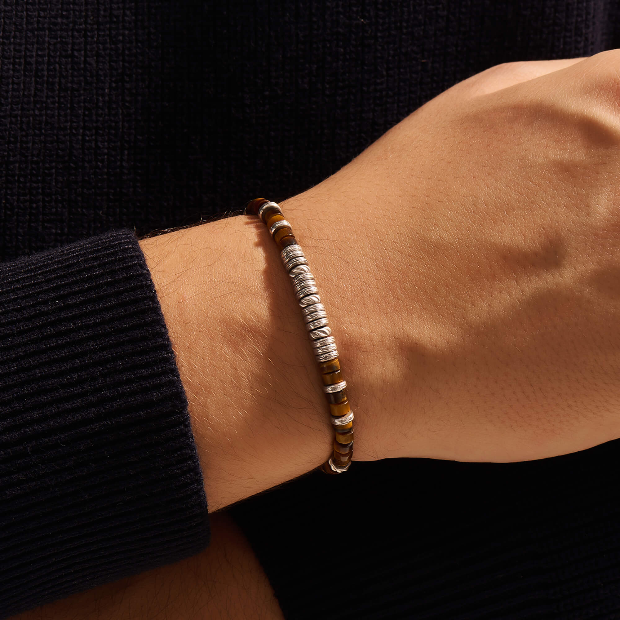 Tiger Eye Heishi Beaded Bracelet - Solid Silver