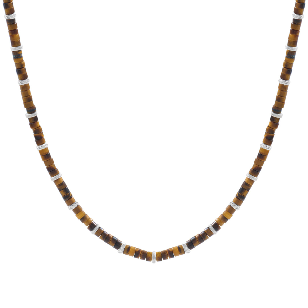Men's Natural Tiger Eye Heishi Beads Necklace with Silver Stoppers
