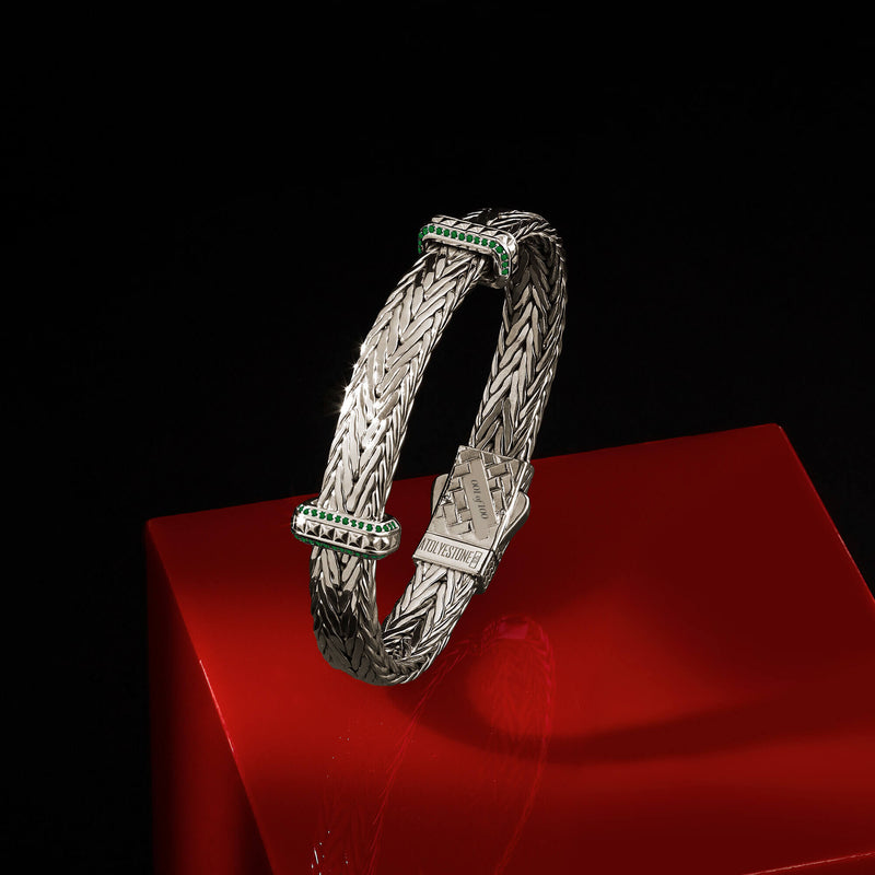 Men's 925 Solid Silver Designer Bangle Bracelet with Genuine Emeralds
