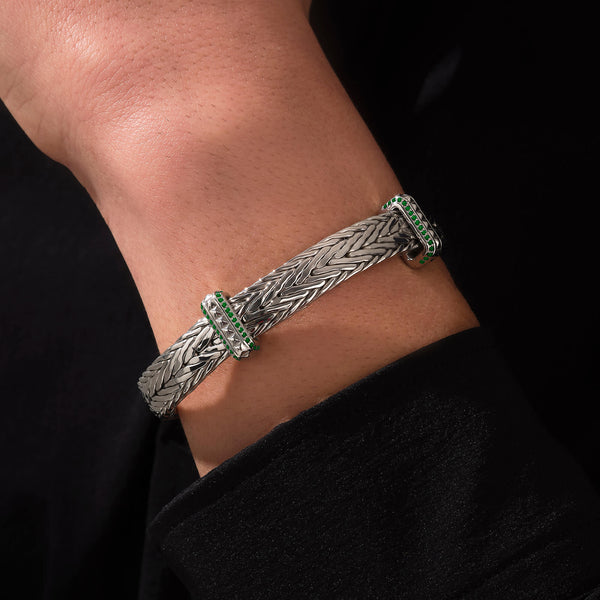 925 Sterling Silver 10mm Woven Bangle Paved with Emerald