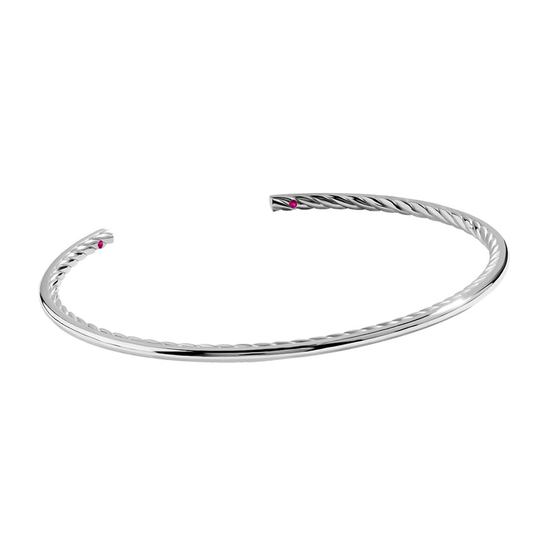Solid White Gold Minimalist Cuff Bracelet with Ruby Details, 2.50mm