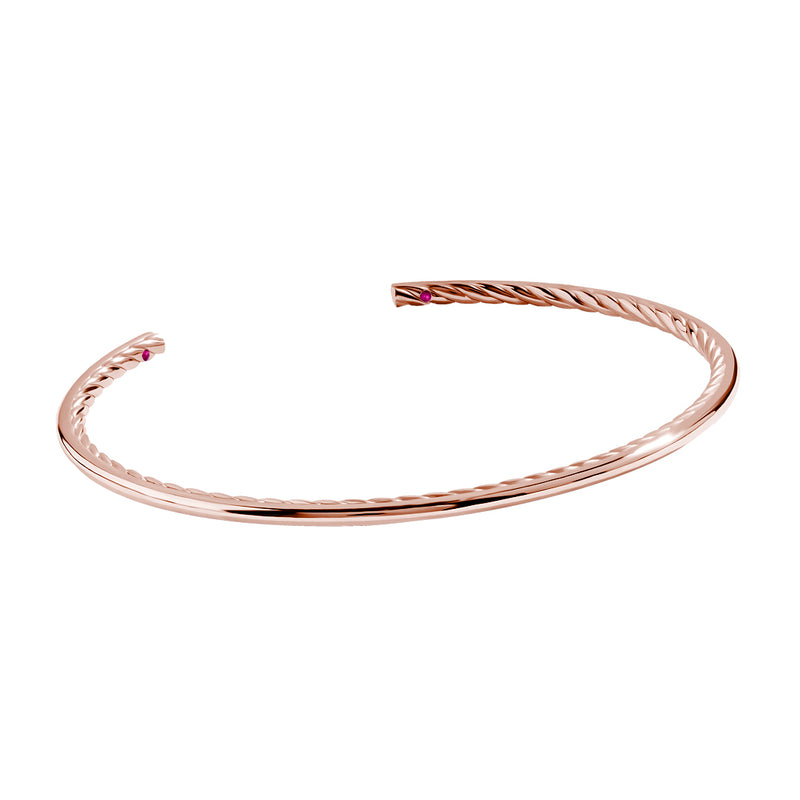 Solid Rose Gold Minimalist Cuff Bracelet with Ruby Details, 2.50mm