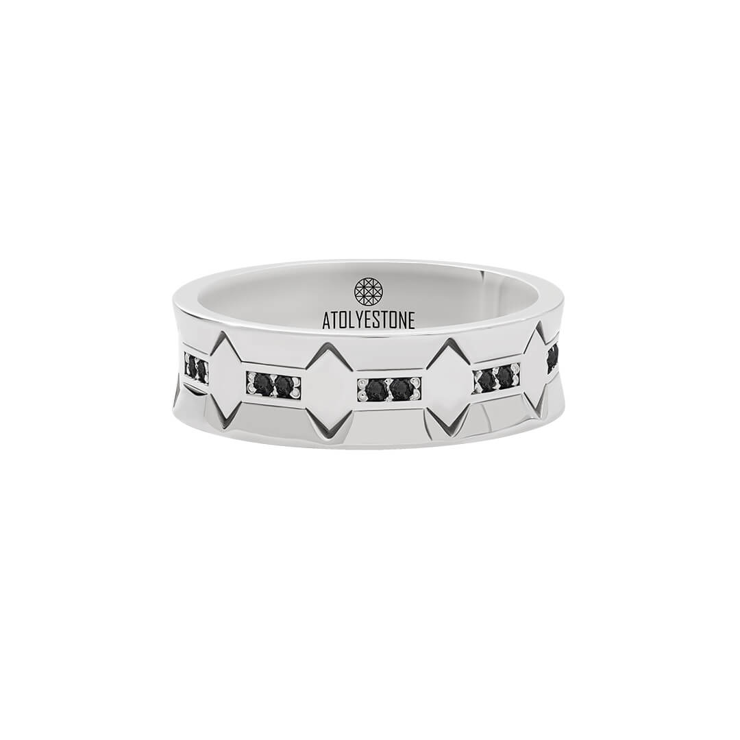 Iron Edge Band Ring in 925 Sterling Silver Paved with Black Diamond