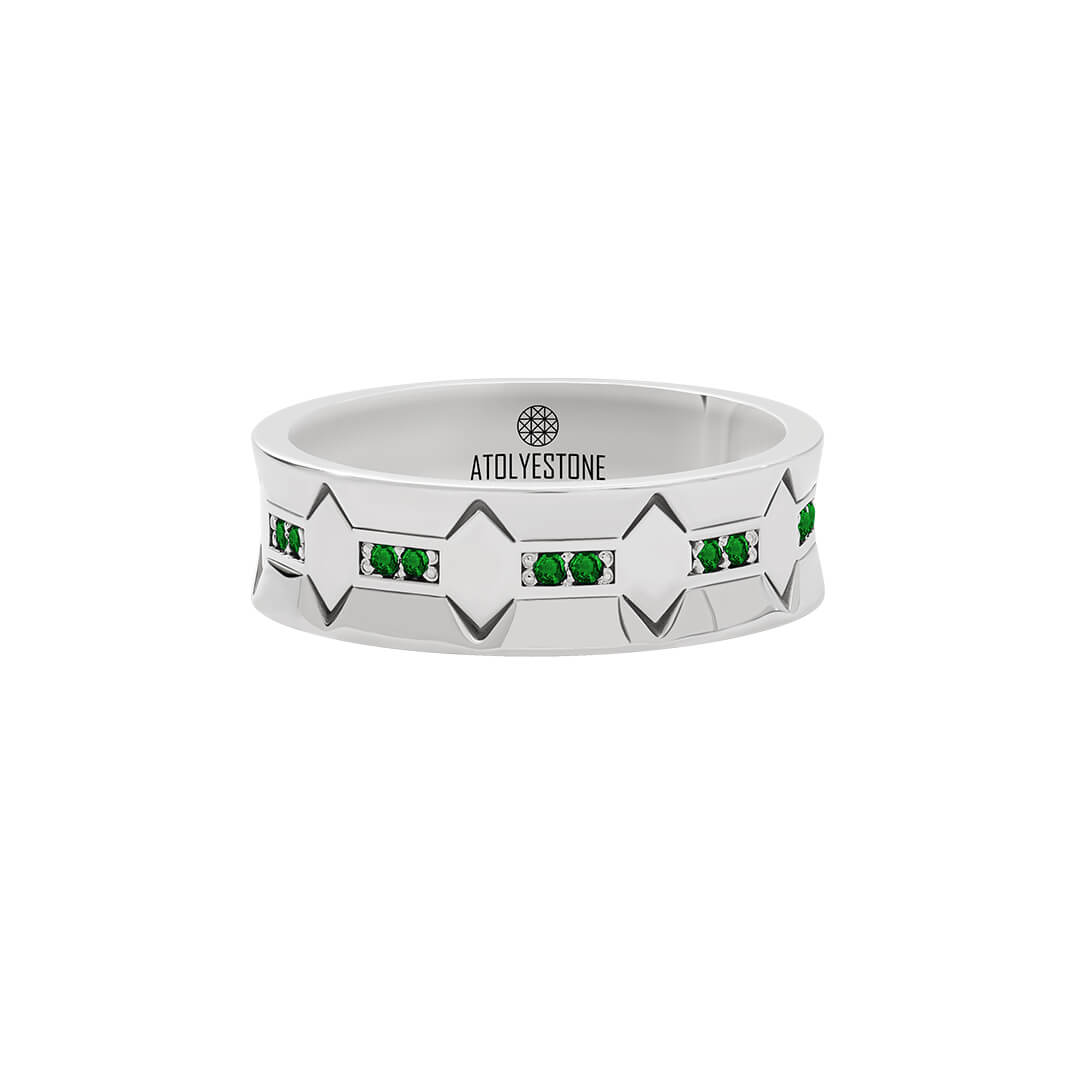 Iron Edge Band Ring in 925 Sterling Silver Paved with Emerald