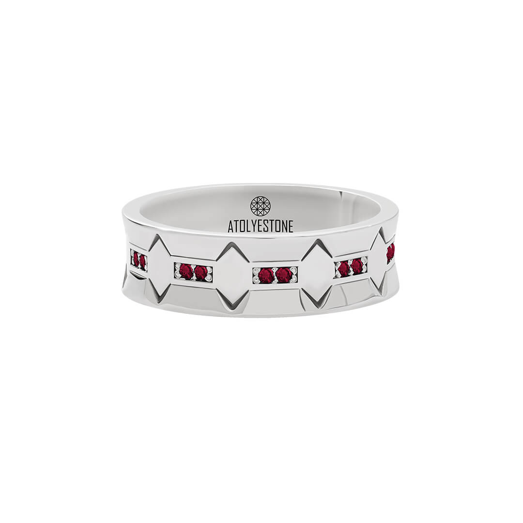 Iron Edge Band Ring in 925 Sterling Silver Paved with Ruby