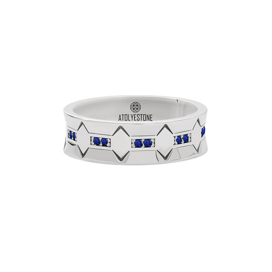 Iron Edge Band Ring in 925 Sterling Silver Paved with Sapphire