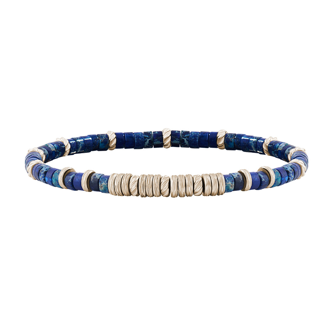 Men's Blue Jasper Heishi Beaded Bracelet - Yellow Gold