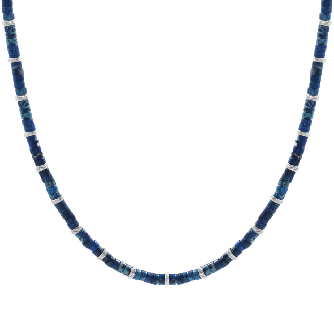Men's Natural Blue Jasper Heishi Beads Necklace with Silver Stoppers