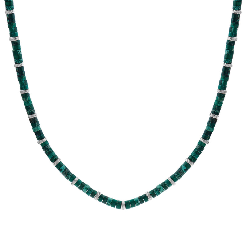Men's Natural Green Jasper Heishi Beads Necklace with Silver Stoppers