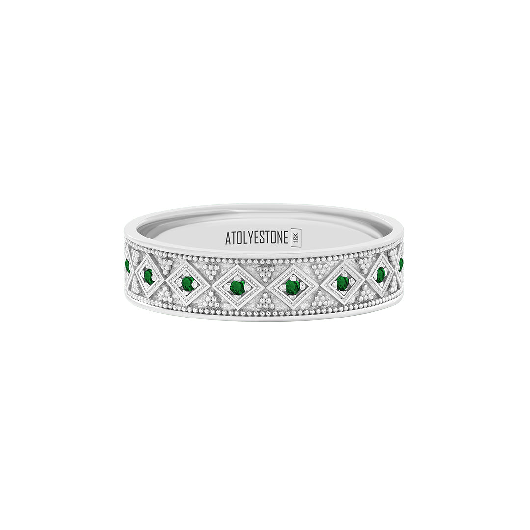 Lattice Band Ring in Solid White Gold - Pave Emerald