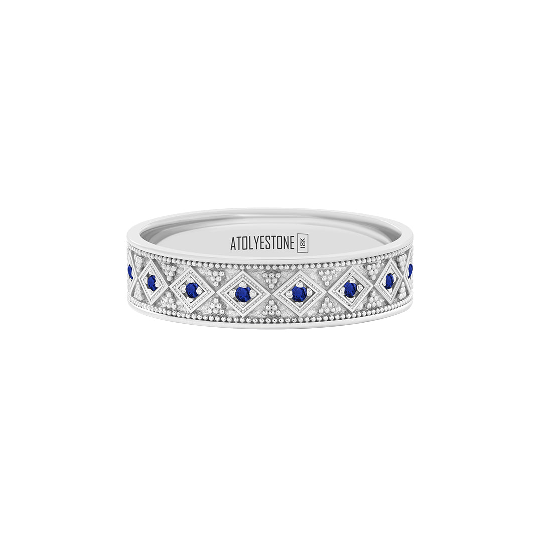 Lattice Band Ring in Solid White Gold - Pave Sapphire
