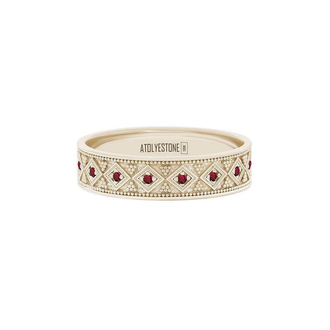 Lattice Band Ring in Solid Yellow Gold - Pave Ruby