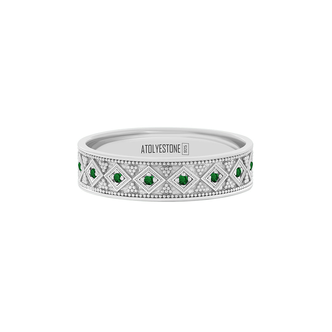 Lattice Band Ring in 925 Sterling Silver - Pave Emerald