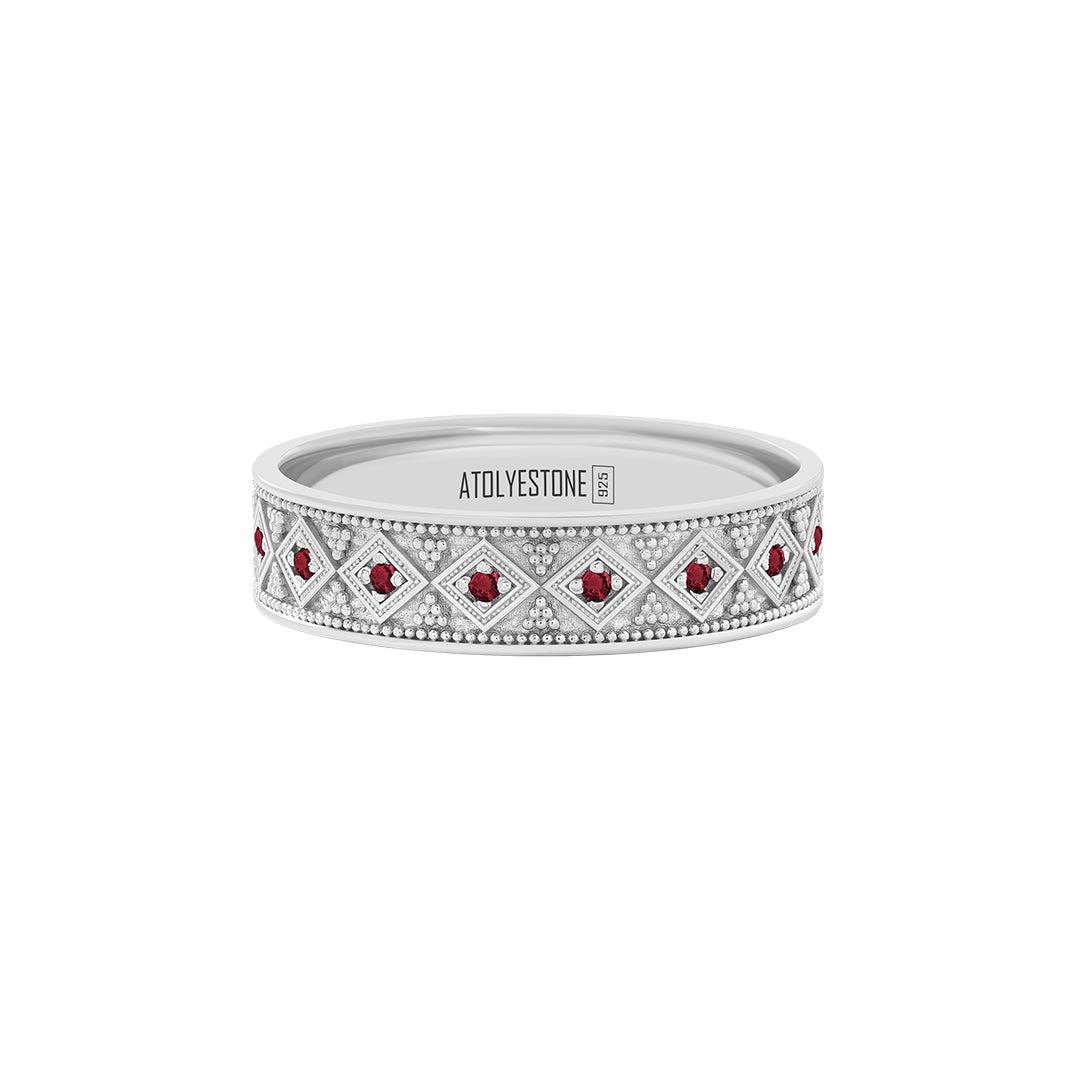 Lattice Band Ring in 925 Sterling Silver - Pave Ruby