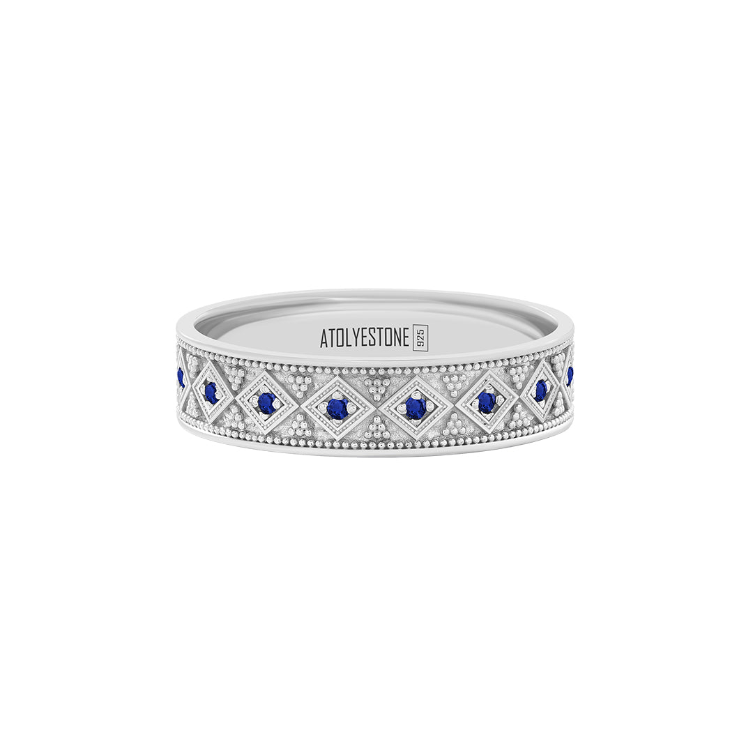 Lattice Band Ring in 925 Sterling Silver - Pave Sapphire