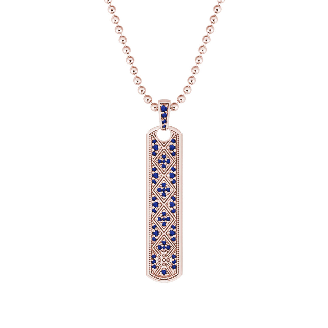 Lattice Samurai Tag Pendant in Solid Rose Gold - Pave Sapphire