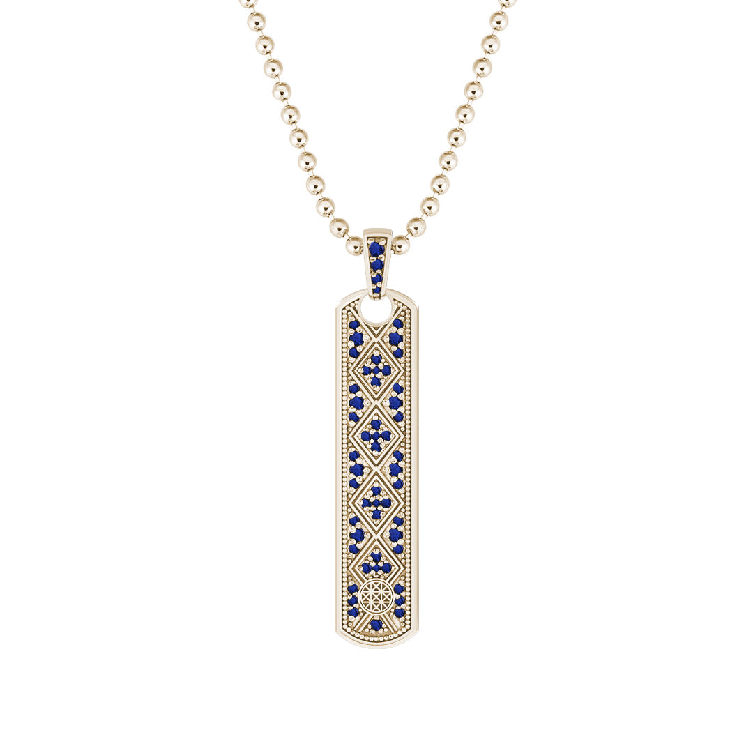 Lattice Samurai Tag Pendant in Solid Yellow Gold - Pave Sapphire