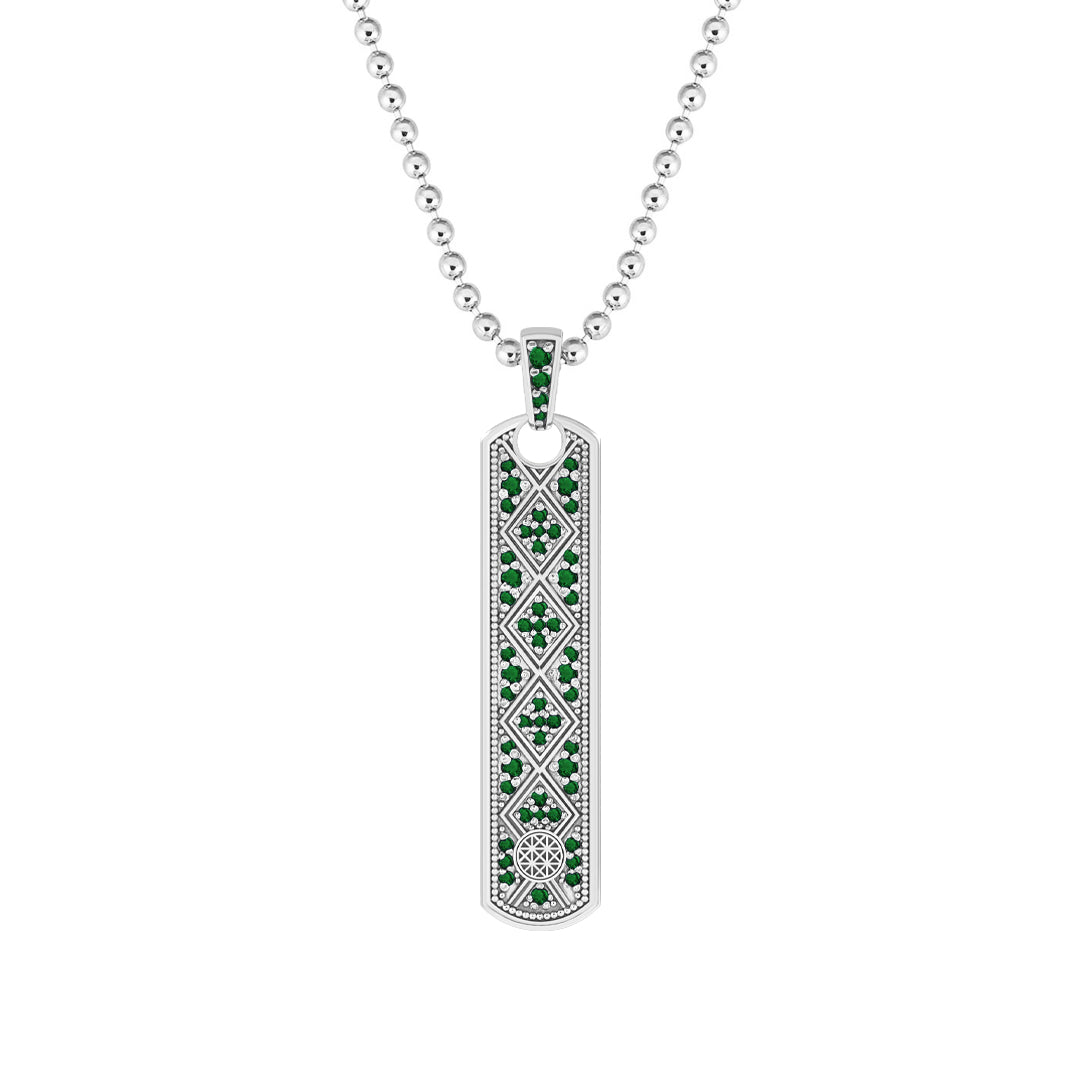 Lattice Samurai Tag Pendant in 925 Solid Silver - Pave Emerald