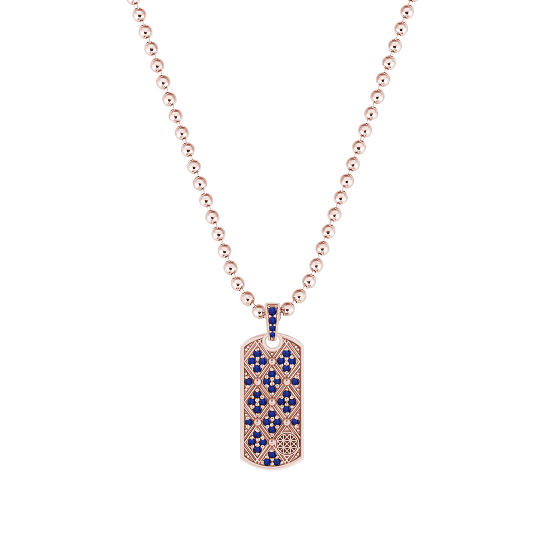 Lattice Tag Pendant in Solid Rose Gold - Pave Sapphire
