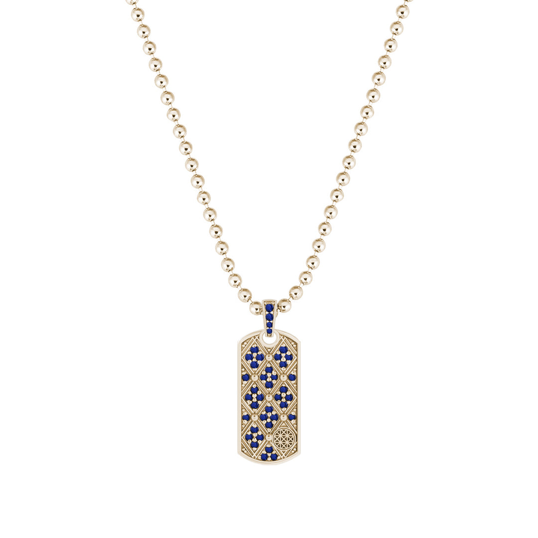 Lattice Tag Pendant in Solid Yellow Gold - Pave Sapphire