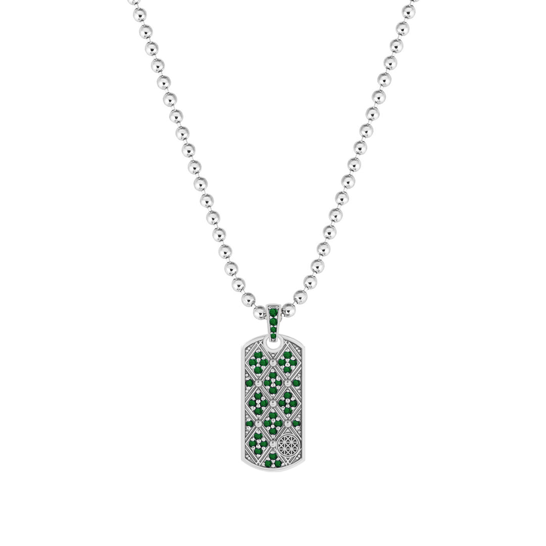 Lattice Tag Pendant in 925 Sterling Silver - Pave Emerald