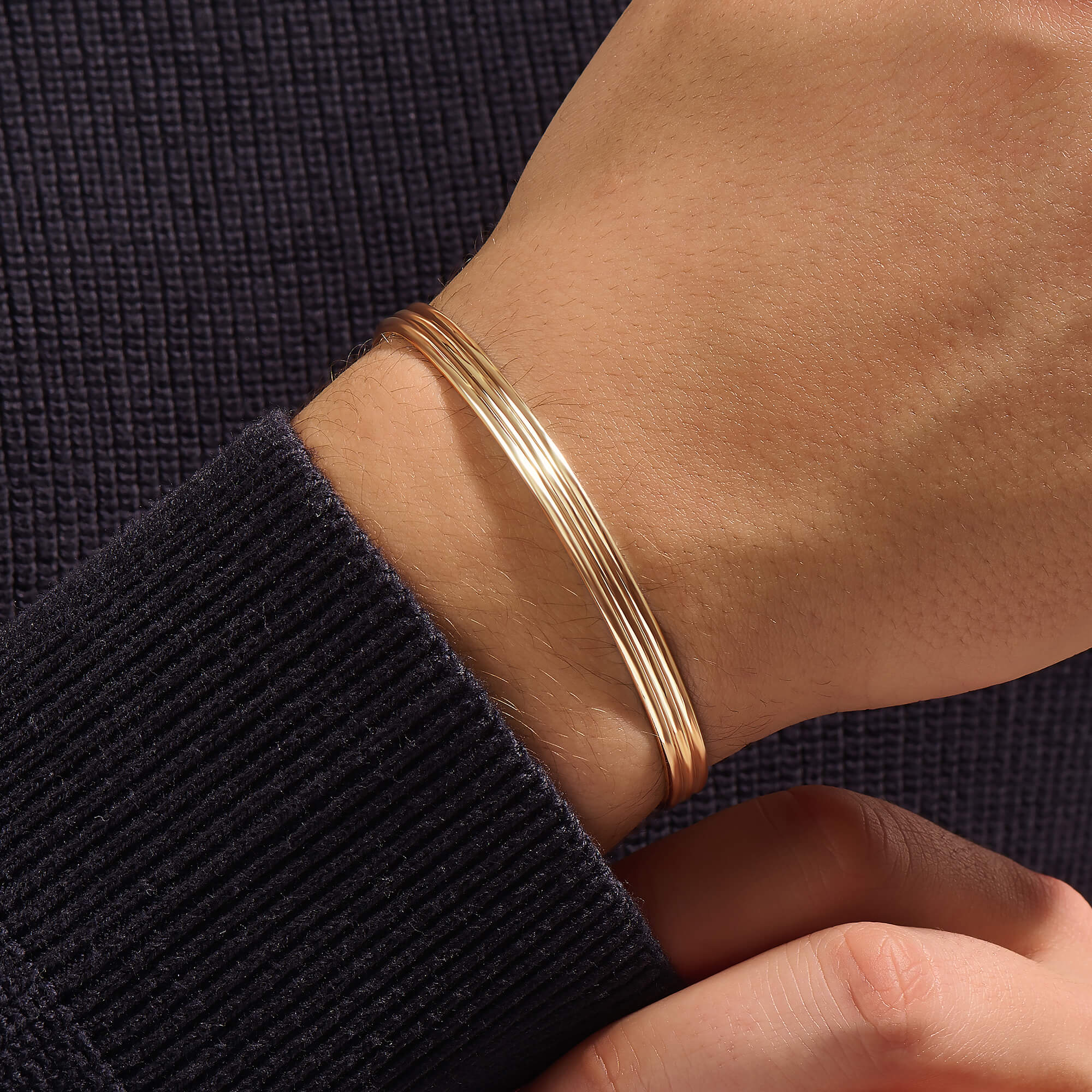 Solid Gold Lined Open Bangle Bracelet with Ruby Details