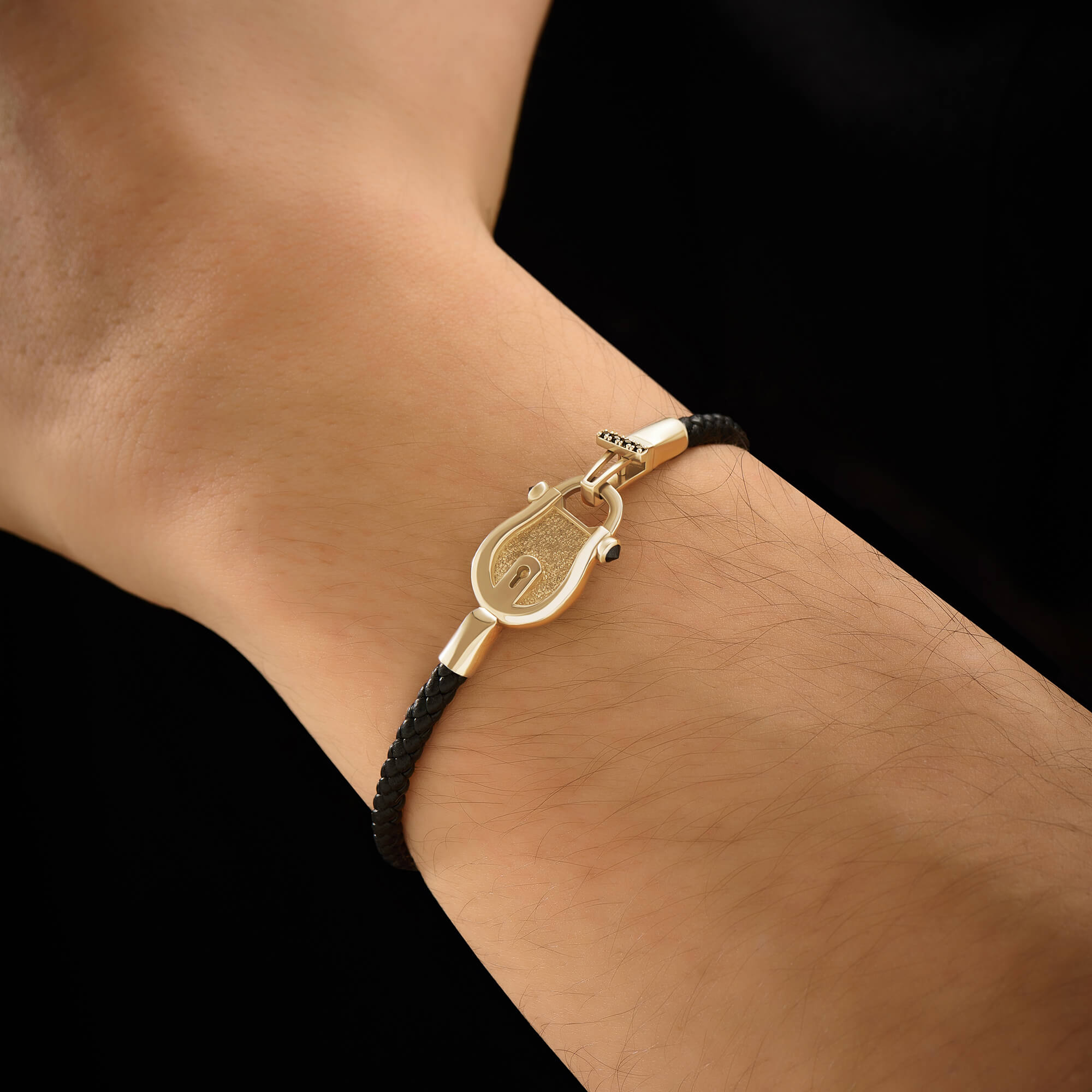 Men's Solid Gold Lock Leather Bracelet