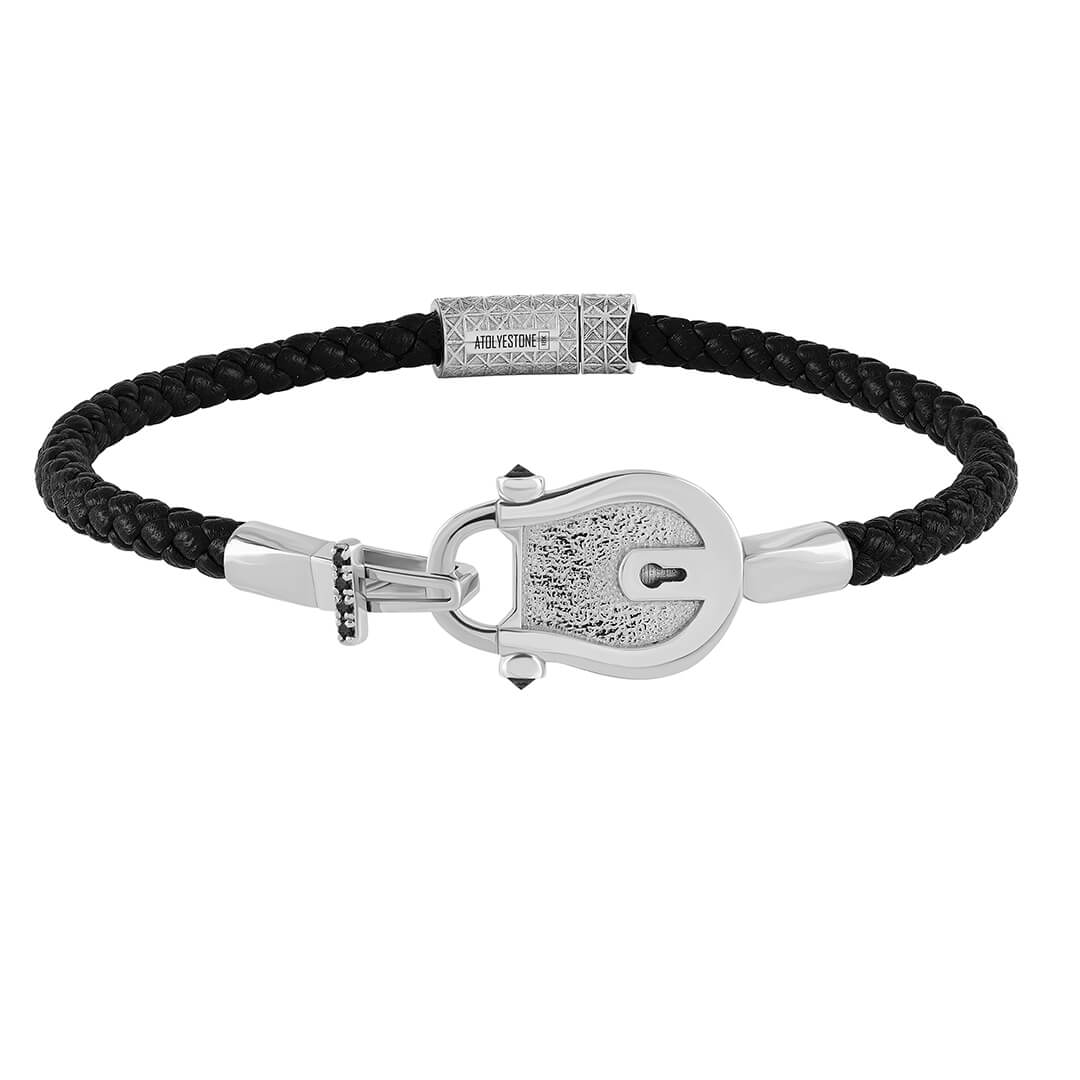 Lock Leather Bracelet in Solid Gold - Black Leather White Gold