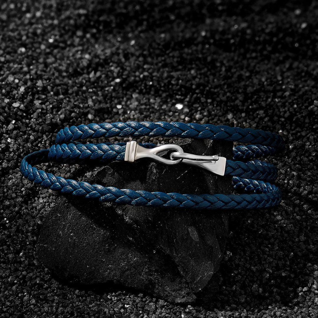 Men's Wrap Flat Fish Hook Leather Bracelet in 925 Sterling Silver