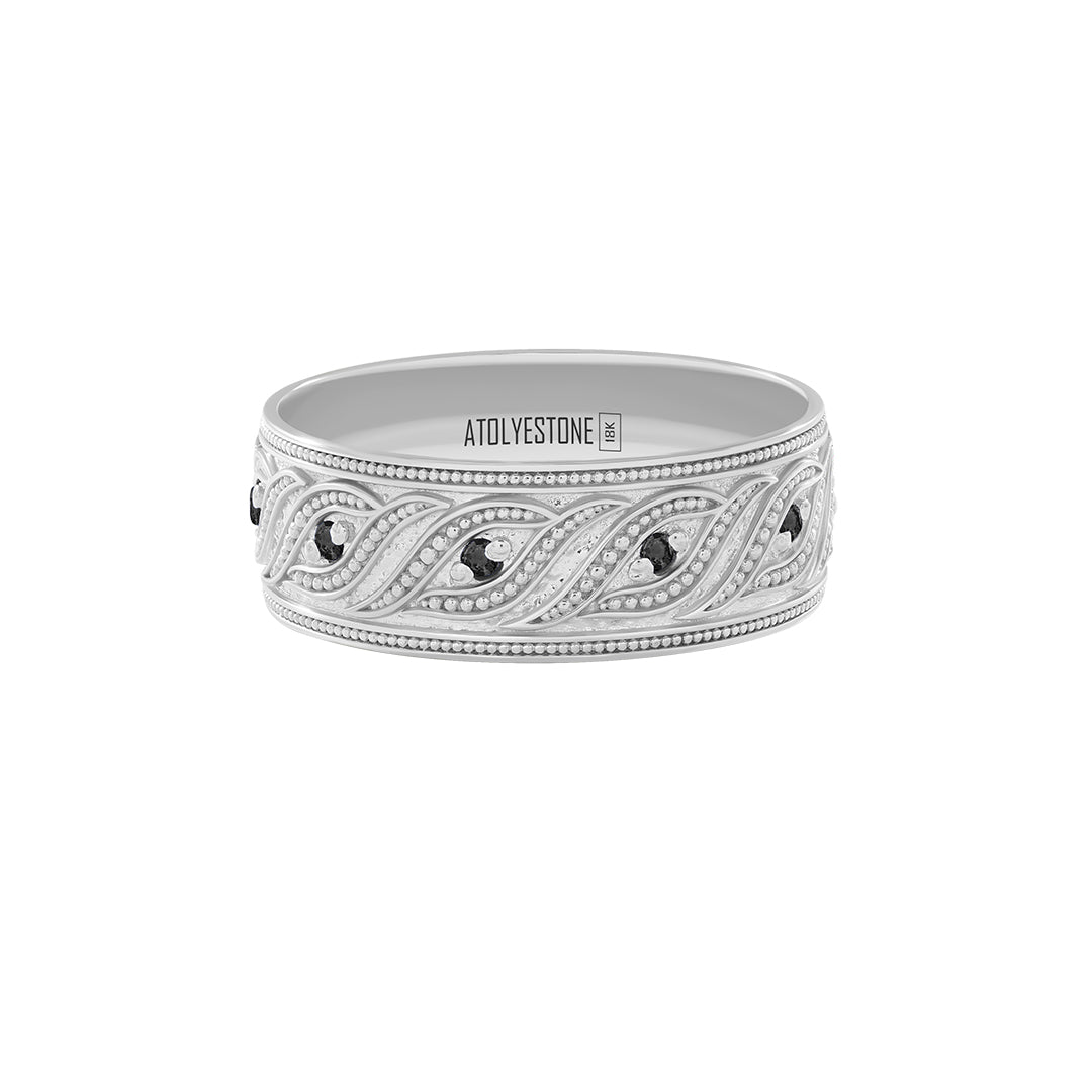 Milgrain Helix Band Ring in Solid White Gold - Pave Black Diamond