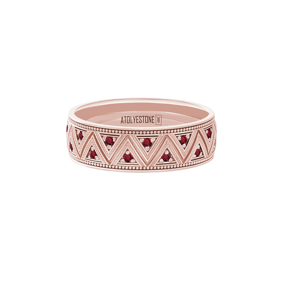 Milgrain Zigzag Ring in Solid Rose Gold - Pave Ruby