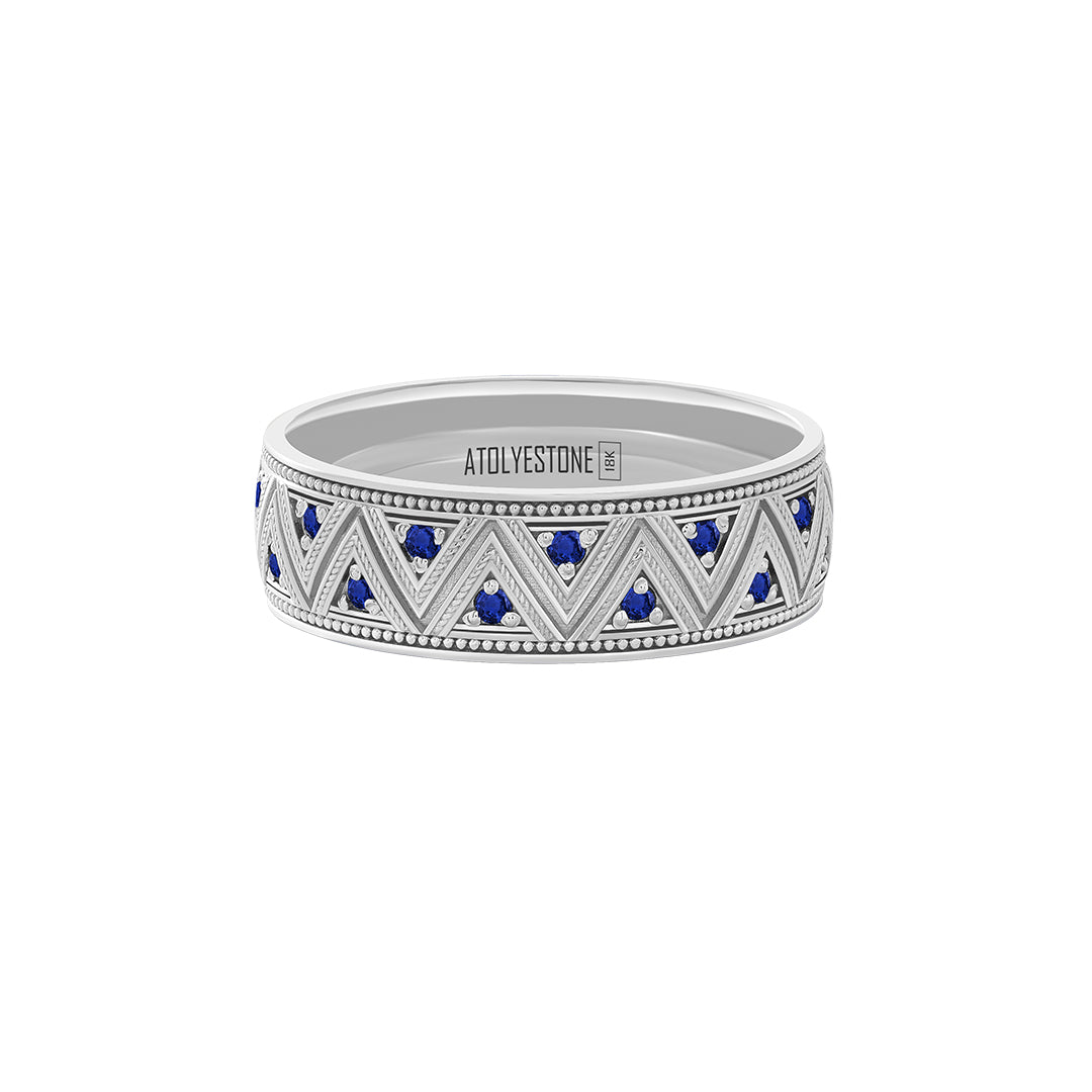 Milgrain Zigzag Ring in Solid White Gold - Pave Sapphire
