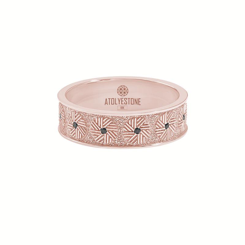 Men's Solid Rose Gold Millstone-Inspired Black Diamond Wedding Band Ring