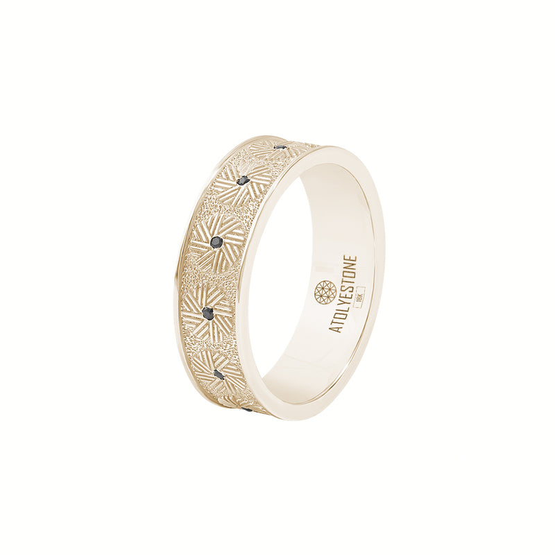 Men's Real Yellow Gold Millstone-Inspired Wedding Band Ring with Black Diamonds