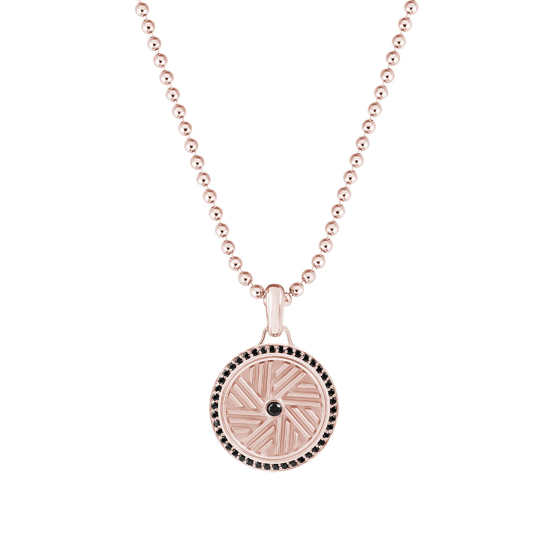 Men's Solid Rose Gold Millstone Pendant with Black Stones