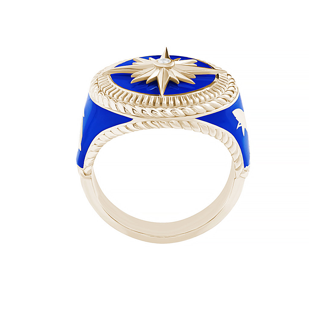 Solid Yellow Gold Compass & Shark Nautical Signet Ring - White Diamond