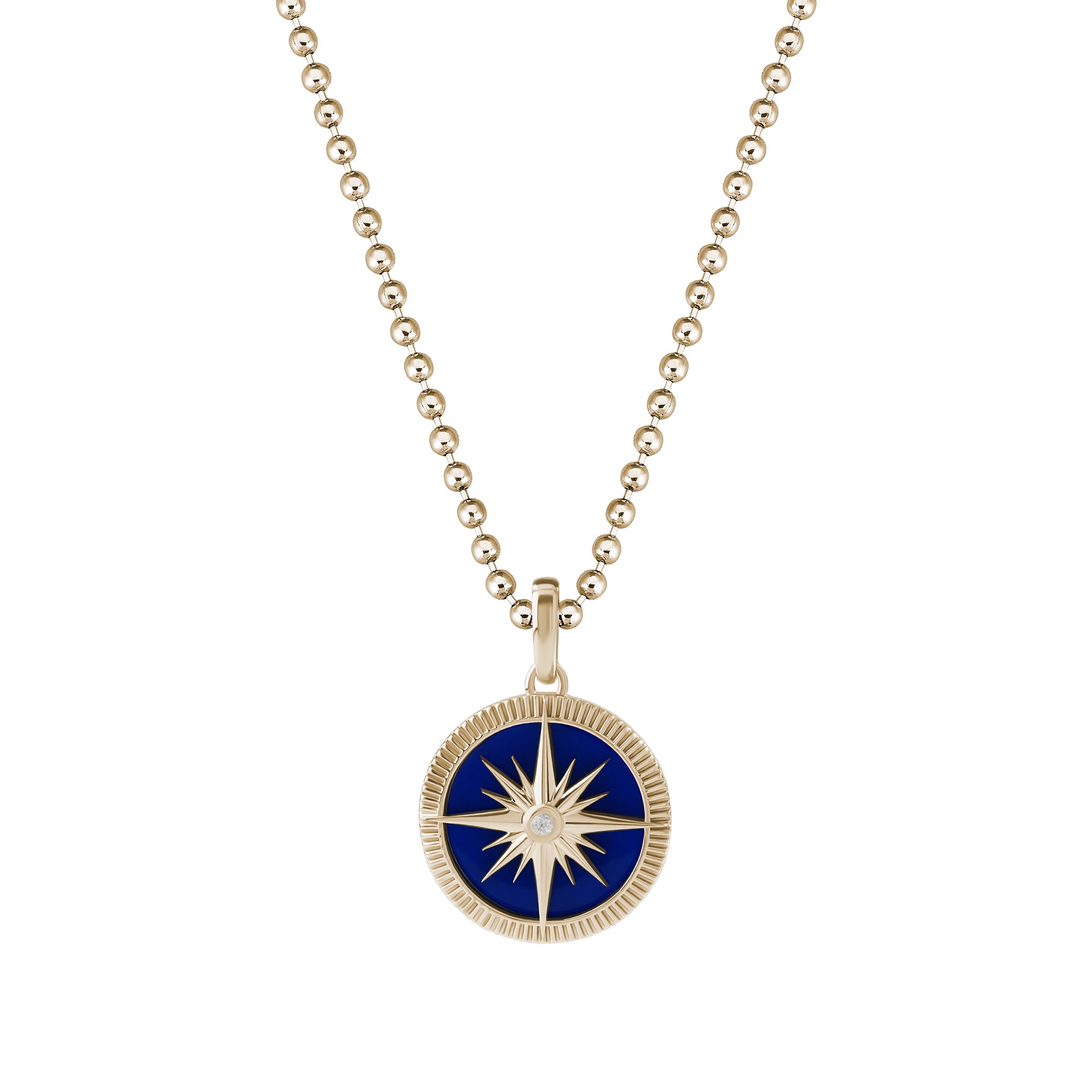 Men's Blue Lacquer Finished Solid Yellow Gold Compass Pendant - White Diamond