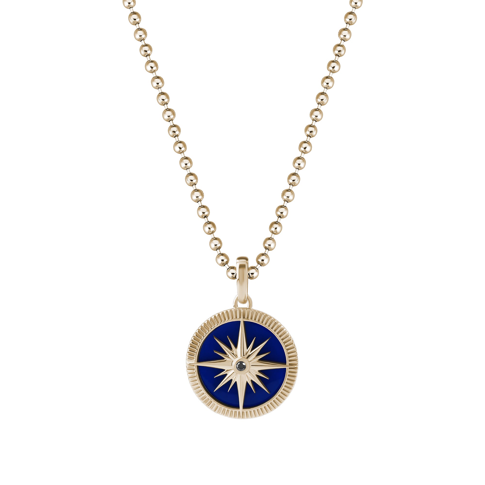 Men's Blue Lacquer Finished Solid Yellow Gold Compass Pendant - Black Diamond