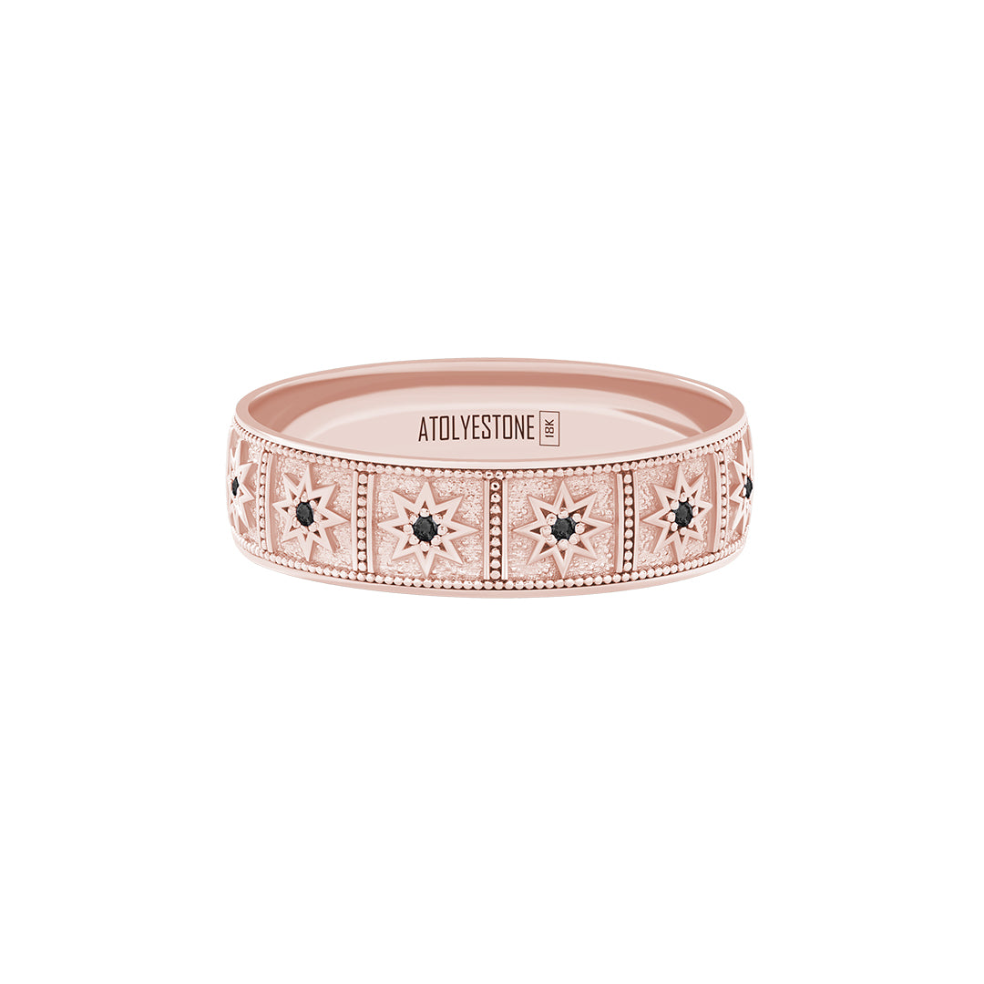 Octagram Star Band Ring in Solid Rose Gold - Pave Black Diamond