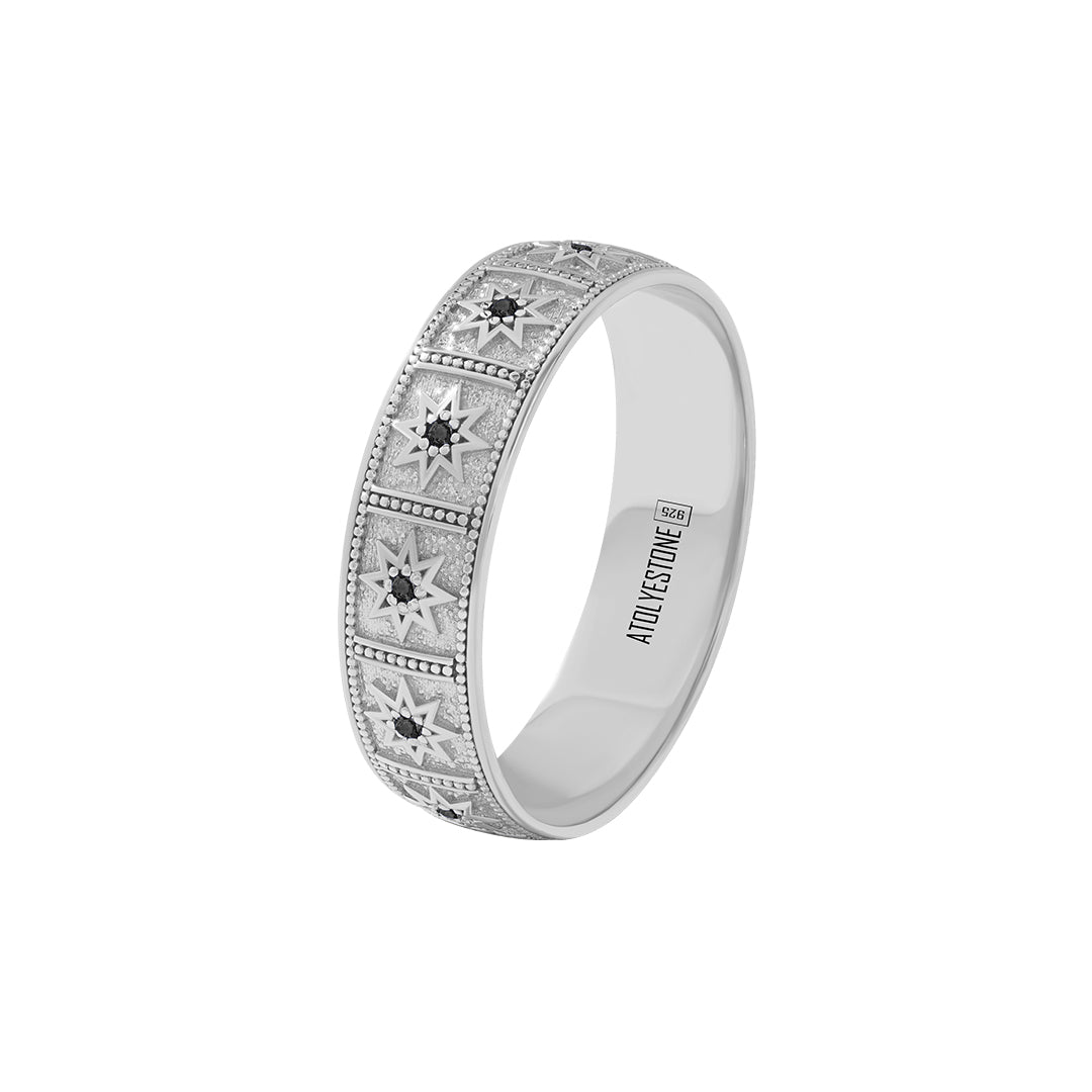 Solid Silver Paved Octagram Star Band