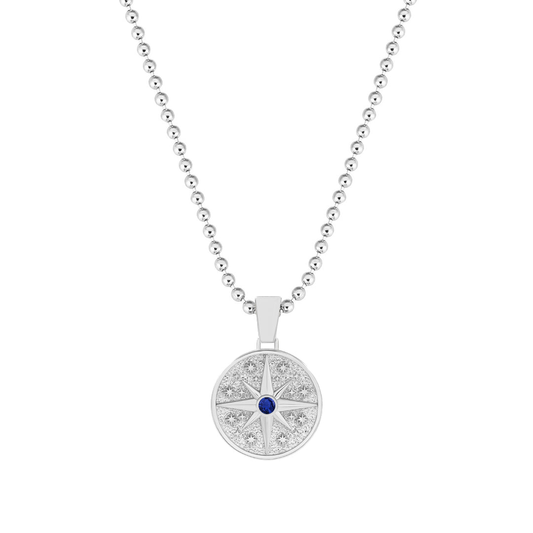 Orbit Compass Pendant in Solid White Gold - Pave Sapphire