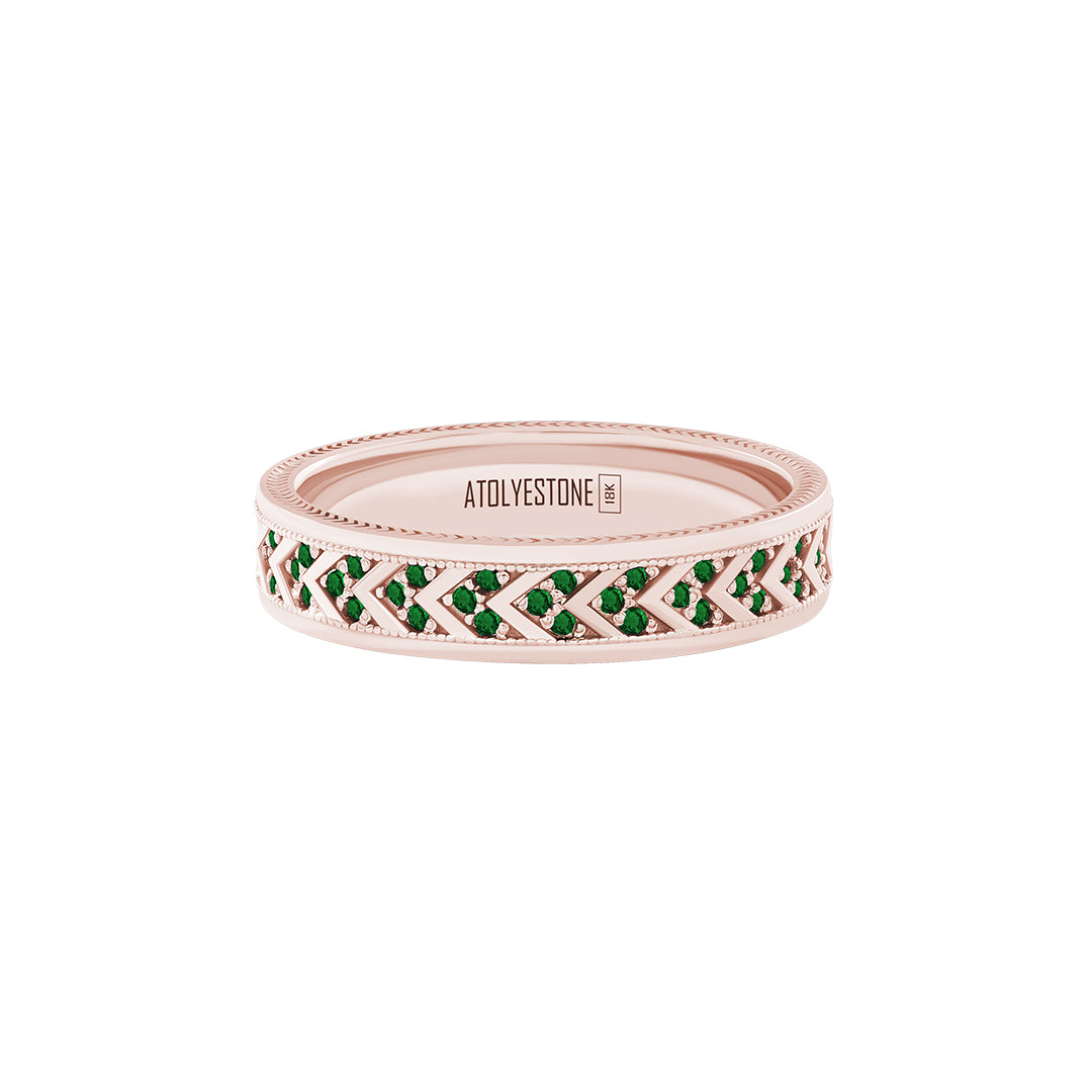 Pave Chevron Band Ring in Solid Rose Gold - Pave Emerald