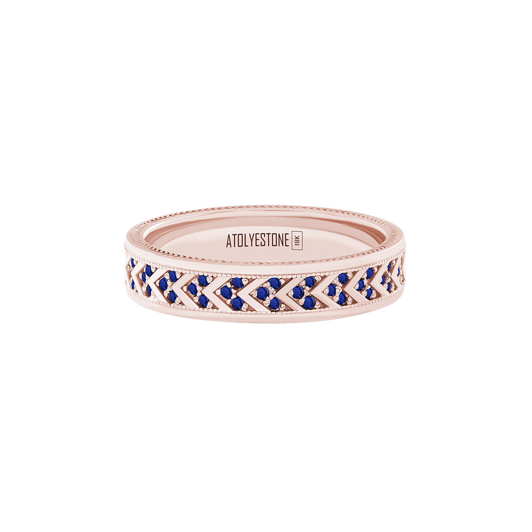 Pave Chevron Band Ring in Solid Rose Gold - Pave Sapphire
