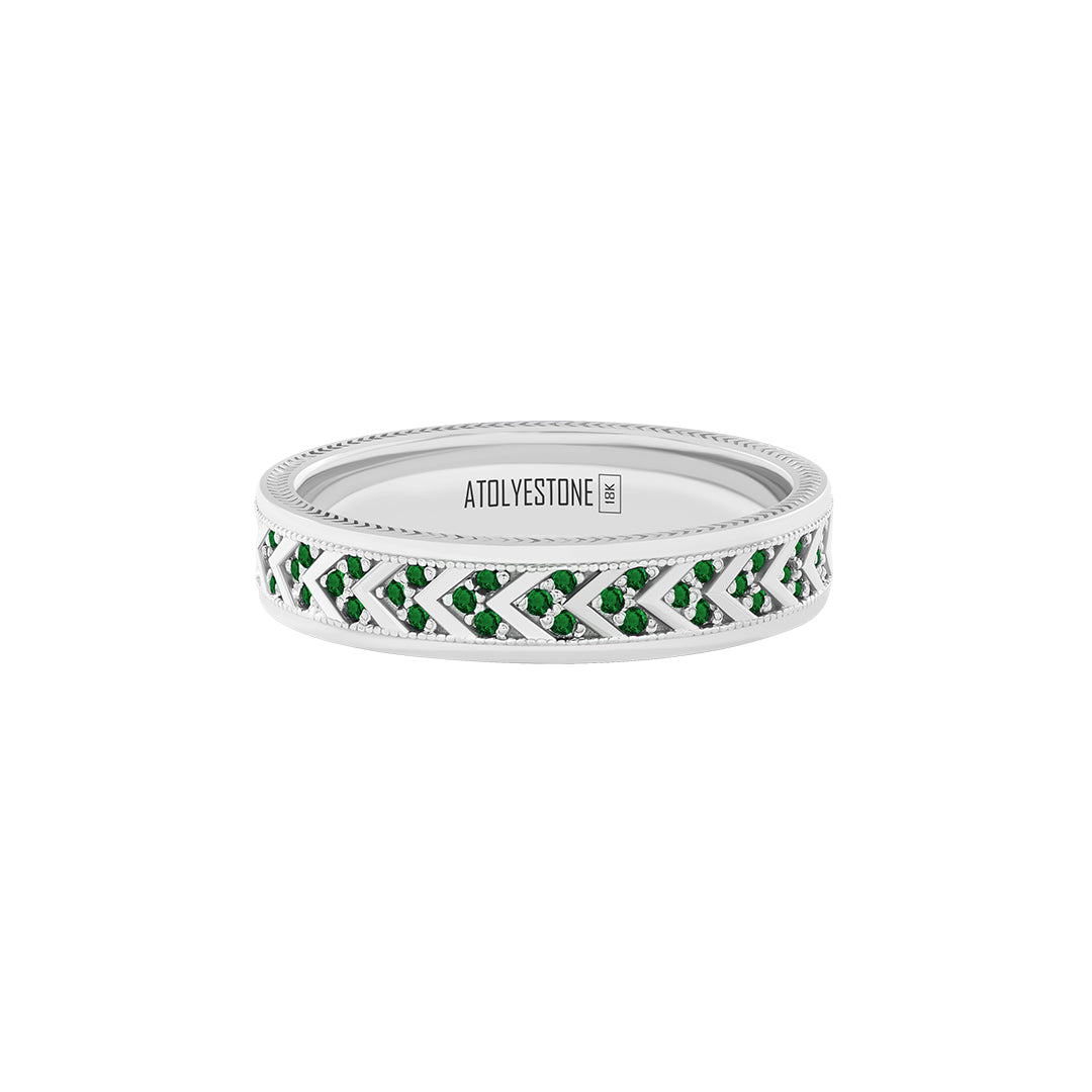 Pave Chevron Band Ring in Solid White Gold - Pave Emerald