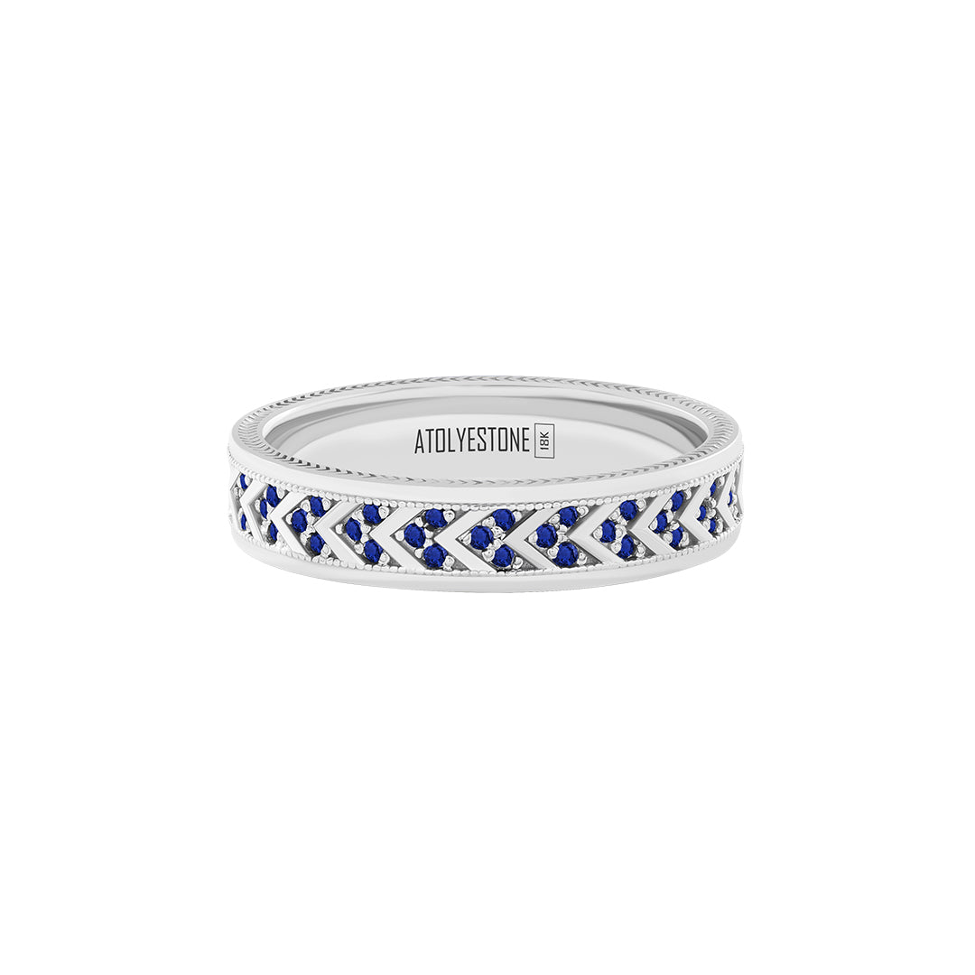 Pave Chevron Band Ring in Solid White Gold - Pave Sapphire