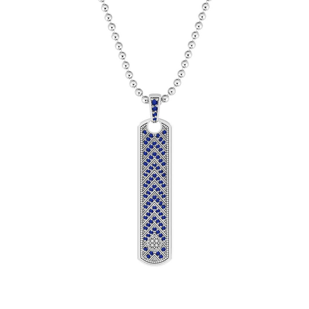 Pave Chevron Samurai Tag Pendant Solid White Gold - Pave Sapphire