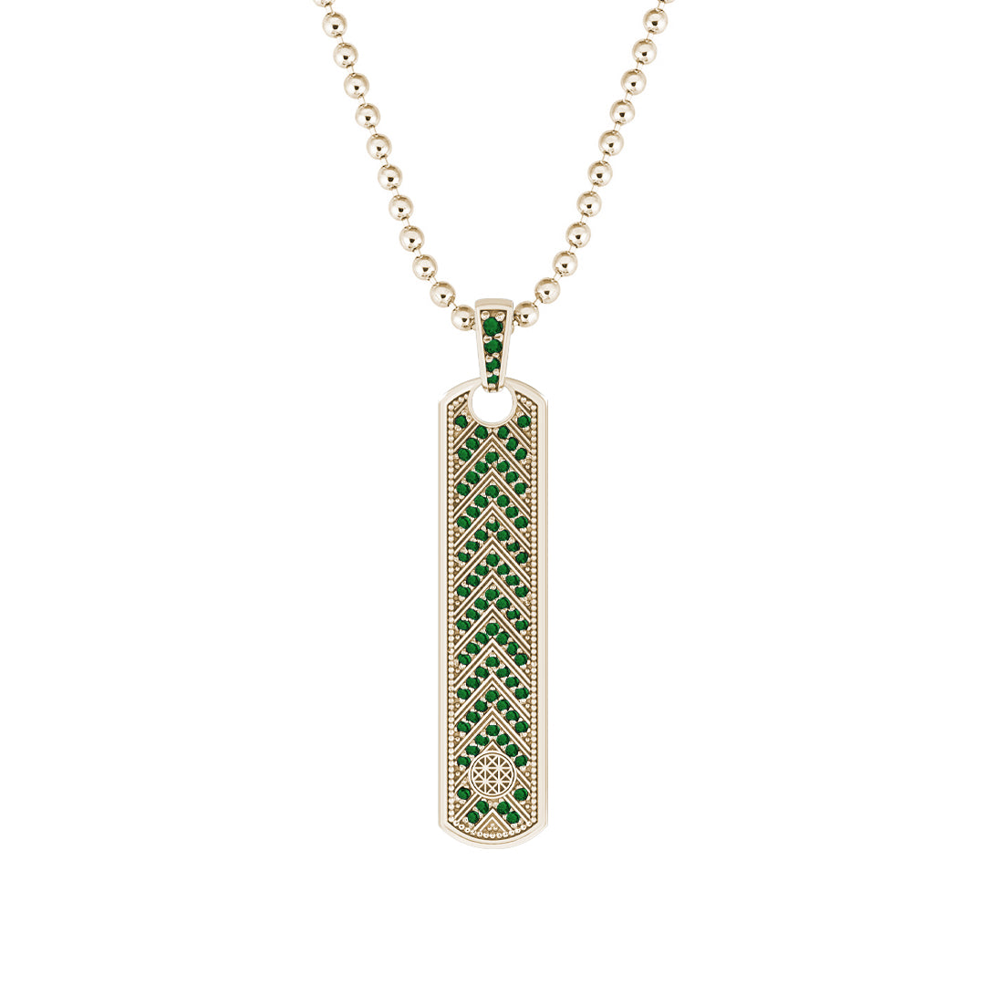 Pave Chevron Samurai Tag Pendant Solid Yellow Gold - Pave Emerald