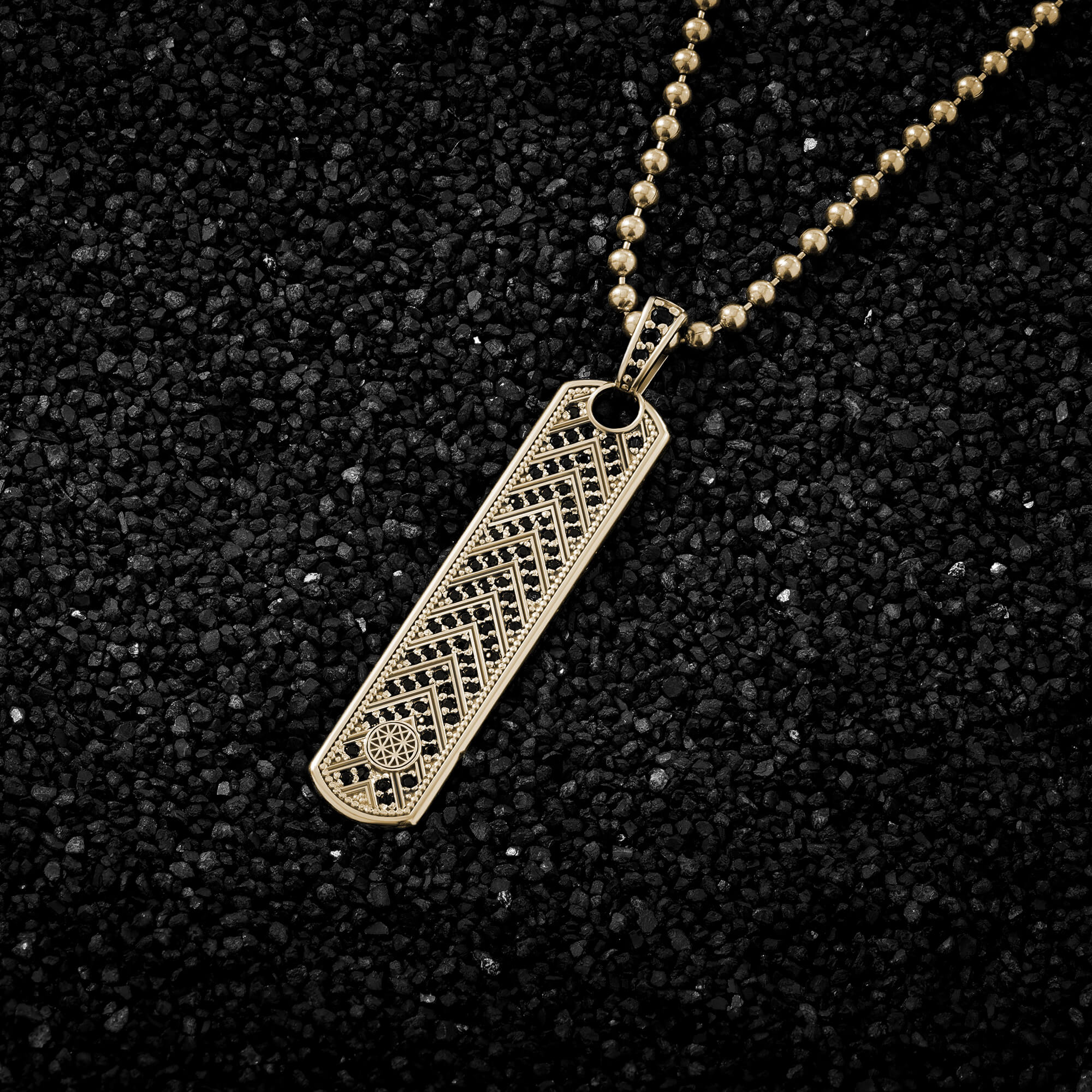 Pave Chevron Pattern Solid Gold Samurai Tag Pendant